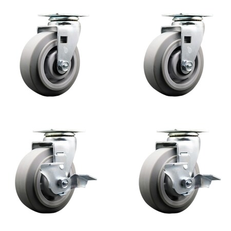 Swivel Plate Caster Set ? Gray 5 Inch by 2 Inch Thermoplastic Rubber Flat Tread Wheel ? Roller Bearing ?1,800 lbs. Total Capacity?Includes 2 Locking Casters and 2 Swivel Casters? Service Caster Brand